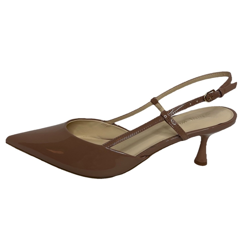 Nine West Patent Slingback Kitten Heels Pointed Toe Buckle Strap 10 M Camel